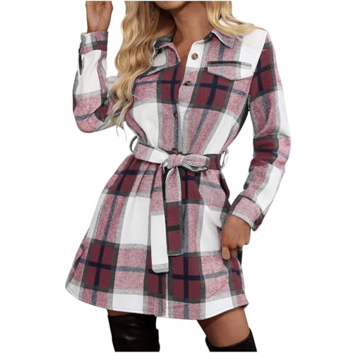 Midikleid Damen Rundhals Langarmkleid Lässiges A-Linie Kleid Mit Kordelzug, Weich Bequemes Sweatkleid mit Kariert, Oversized Regular Fit...