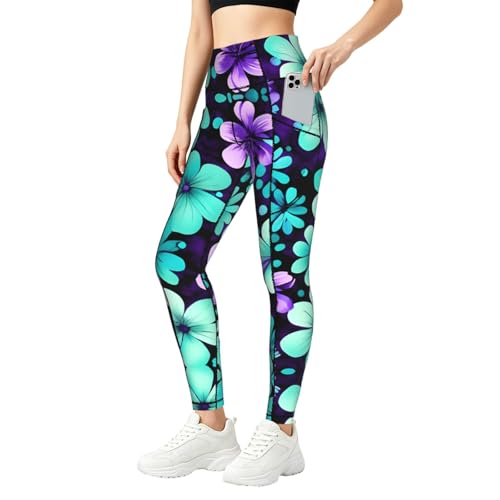 Leggings con estampado de flores moradas y verde azulado que solucionan la falta de bolsillos