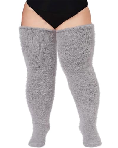 Image of Moon Wood Plus Size Plush Thigh High Socks for Women Fuzzy Stocking Thick Over the Knee Fleece Leg Warmers Boot Socks