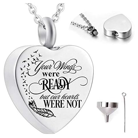SOSPIRO Heart Cremation Jewellery Urn Necklace for Ashes Engraved Memorial Keepsake Pendant Necklace, Stainless Steel Cremation Pendant, Your Wings were Ready, But Our Hearts were Not (White) Cover