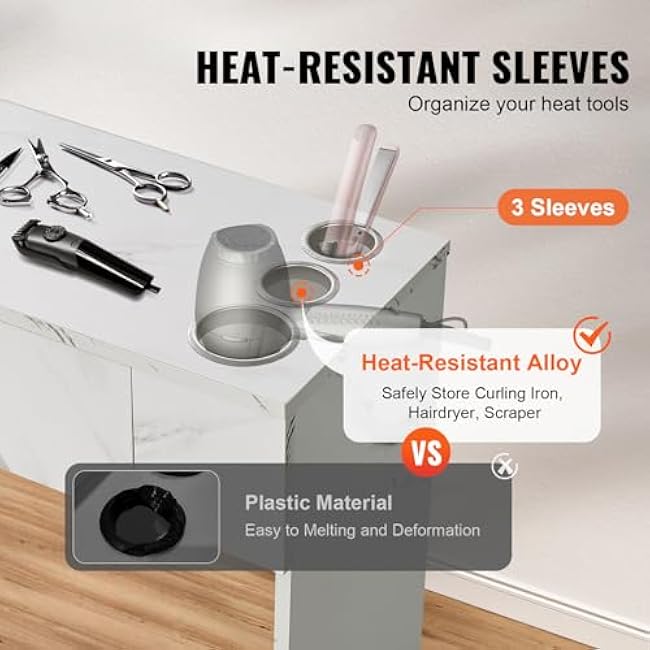 VEVOR Salon Station, Wall Mount Barber Salon Station for Hair Stylist, Beauty Spa Furniture Set, 1 Storage Cabinet, 3 Cubbies and 2 Drawers(One Lockable), White-pqZ3XXqX