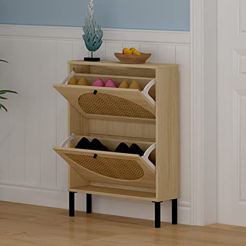 Ssline Shoe Cabinet With Flip Down Storage Shelves Free-Standing Shoe Rack Rustic Wood Shoe Storage Organizer With Unique Rattan Decor For Entryway Hallway Doorway #TOP7