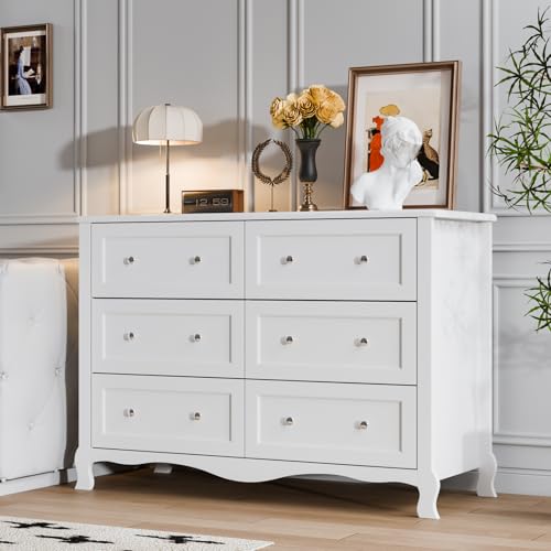 Image of VINGLI White Dresser 6 Drawer, Wood Dresser Chest of Drawers, Clothes Dressers for Bedroom with Curved Legs and Grooved Drawer Front, French, 47.24 inch W*15.75 inch D*33 inch H