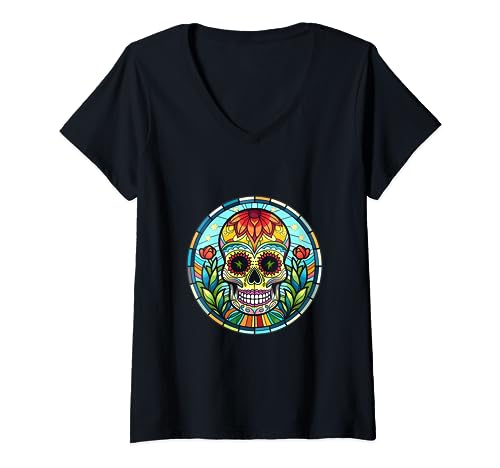 El Dia de los Muertos Jour des Morts Crâne Doux Halloween T-Shirt avec Col en V