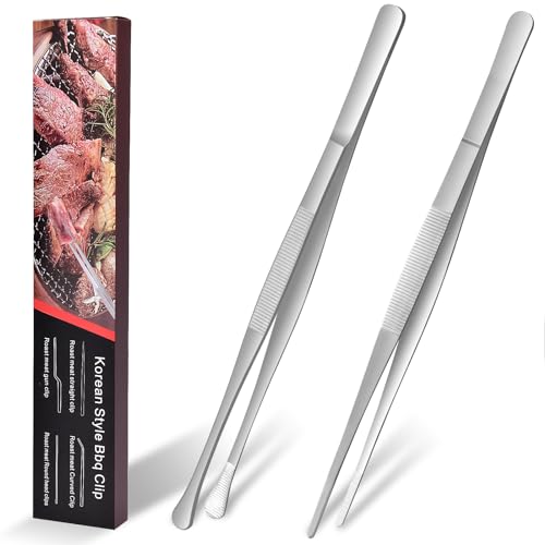 HOTUT Cooking Tweezers Tongs Precision Serrated Tips,2pcs 30cm Kitchen Cooking Tweezers Culinary,Stainless Steel Long Tweezer Tongs,Straight Tweezers Kitchen Tool for BBQ,Plating and Serving (Silver)