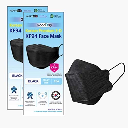 (Pack of 2) Korea Black Disposable KF94 Face Masks 4-Layer Filters Breathable Comfortable, Good Day, Nose Mouth Covering Dust Mask Made in Korea. By FLEXMON
