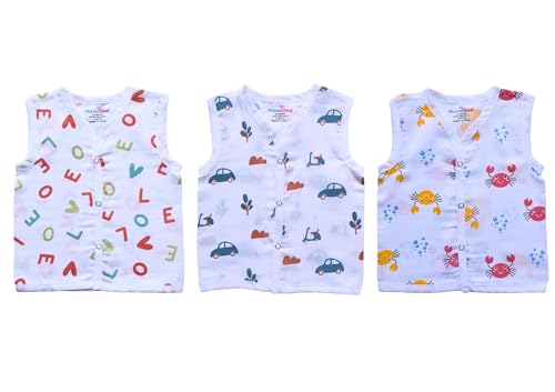 Image of MamaBee Organic Cotton Muslin Button Jabla | Printed Jabla | for Boys & Girls | Soft & Comfortable Baby Products | Sleeveless Vest | Snap Button Jabla | Assorted Pack of 3 | Size - 0-3 Month