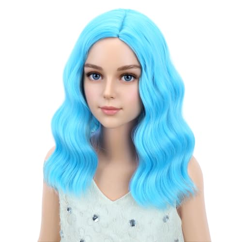 Image of PATTNIUM Kids Blue Wig Short Wavy Wig Light Blue Wig for Kids Cosplay Halloween Party Costume Heat Resistant Synthetic Wig for Girls (Light Blue)
