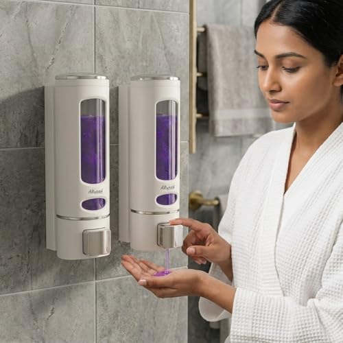 Image of ALTURAS Wall Mounted Liquid Soap Dispenser, ABS, 400 ML, for Shampoo, Sanitizer and Gel Handwash Dispenser (4OOML White Combo)