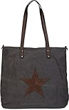 robuste Canvas Shopper Tasche styleBREAKER Canvas Shopper Handtasche mit aufgenähtem Stern, Schultertasche, Umhängetasche, Damen 02012048, Farbe:Dunkelgrau-Dunkelbraun