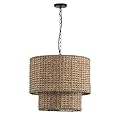 Aiwen Rattan Chandeliers 4-Light 19.68 inch Hand Woven Rattan Pendant Light Fixture 2-Tier Coastal Bohemia Drum Chandelier Hanging Pendant Lighting Over Table for Dining Room E26, Wheat