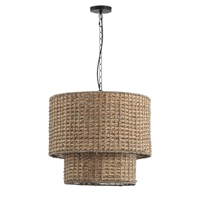 Aiwen Rattan Chandeliers 4-Light 19.68 inch Hand Woven Rattan Pendant Light Fixture 2-Tier Coastal Bohemia Drum Chandelier Hanging Pendant Lighting Over Table for Dining Room E26, Wheat