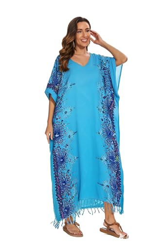 Image of Beautybatik Boho Flora Printed Women Plus Size Kaftan Kimono Loungewear Maxi Long Dress Size XL to 4X