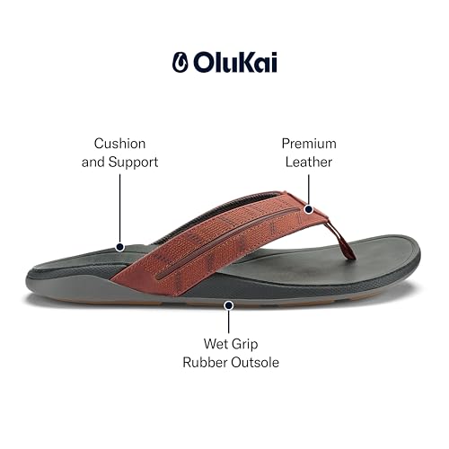 OluKai Tuahine Palm Men's Waterproof Full-Grain Leather Flip Flops, Arch Support Beach Sandals, Wet Grip Outsole for All-Day Comfort, Canoe/Rock, 15 - image 3