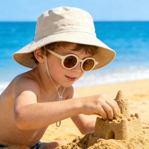 Shedoo Sonnenhut Baby, UV Schutz UPF 50+ Breiter Krempe Fischerhut mit Sonnenbrille, Nackenschutz Bucket Hat mit Verstellbarem Kinnriemen, Strandhut für Mädchen, Junge, Kinder - Beige, 6-24 Monate