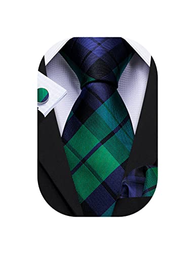 Barry.Wang Tie Set Plaid Necktie Men's Check Handkerchief Cufflinks Sets Formal Business Wedding