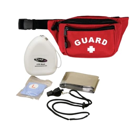 Kemp USA Hip Pack with Lifeguard Essentials Supply Pack Bag with Pull Zippers Adjustable 45 Waist Strap CPR Mask Mylar Blanket Whistle Safety Lanyard Gloves