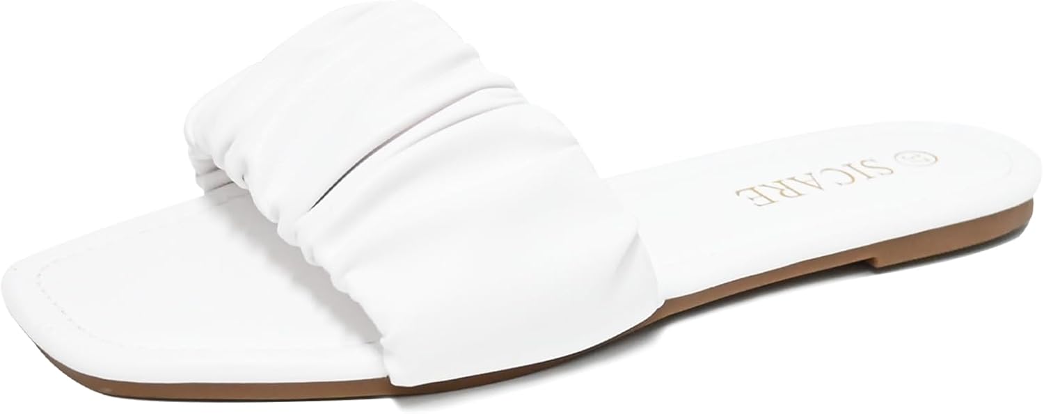 Women’s Flat Sandals Comfortable Casual Square Open Toe Slide Sandals Trendy Flexiable Strap Summer Beach Sandals Cute Slip On Dressy Mlue Black White Nude Sandals