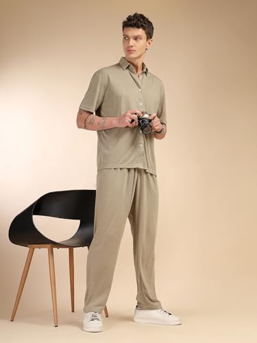 Image of Thomas Scott Men's | Relaxed Fit | Solid | 100% Polyester | Co-Ord Set With Short Sleeves & Spread Collar