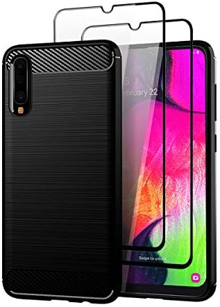 Teayoha Samsung Galaxy A70 Case with Tempered Glass Screen Protector [2 Pack], Carbon Fiber Scratch Resistant, Shock Absorption Soft TPU Drawing Protective Cases Cover for Galaxy A70 - Black