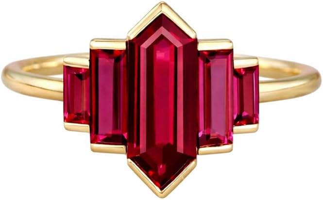 Red Ruby Engagement Ring for Women Solid Yellow Gold Art Deco Hexagon Cut Center with Side Baguette Stone Bezel Setting Handmade Promise Unique Fine Jewelry Gift for Her