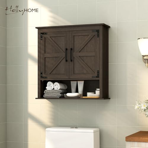 HollyHOME Bathroom Wall Cabinet, Farmhouse Barn Door Wood Medicine Cabinet with Adjustable Shelves, Wall-Mounted Over-The-Toilet Storage, Dark Brown