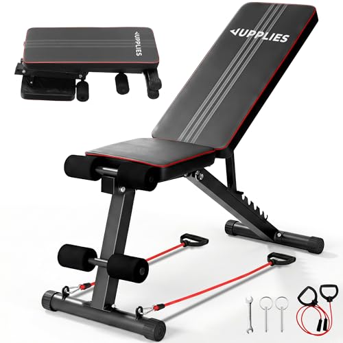 JUPPLIES Banco de Musculación Plegable Multifunción para Gimnasio en Casa – Banco de Pesas Ajustable 7 Niveles hasta 90°, Soporta 250 kg, Incluye 2 Bandas de Resistencia | Home Gym