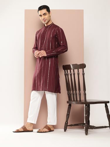 Image of See Designs Men's Long Sleeve Side Slit Chanderi Silk Sequins Mandarin Collar Kurta