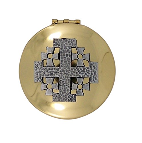 Catholic Pyx Small Eucharist Pyx with Pewter Jerusalem Cross, Polished Brass, 1 1/2 Inch