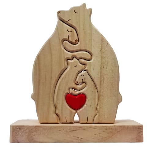 Personalized Wooden Bears Family Puzzle with Heart Decorations Blank Bear Sculptures with Base for Home Decor Housewarming Birthday Gift for Parents (4 Bears)