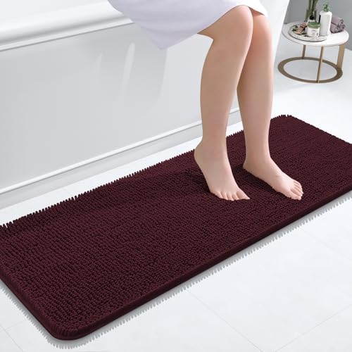 Image of OLANLY Bathroom Runner Rugs 47x17, Soft Absorbent Chenille Bath Rugs, Rubber Backing Quick Dry, Machine Washable Long Bath Mats for Bathroom Floor, Tub and Shower, Home Decor Accessories, Black Cherry