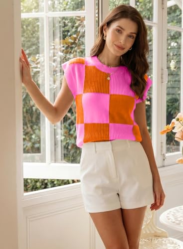 Image of EVALESS Short Sleeve Sweater for Women Crewneck Color Block Knit Tops 2026 Summer Trendy Cap Sleeve Sweater Vest