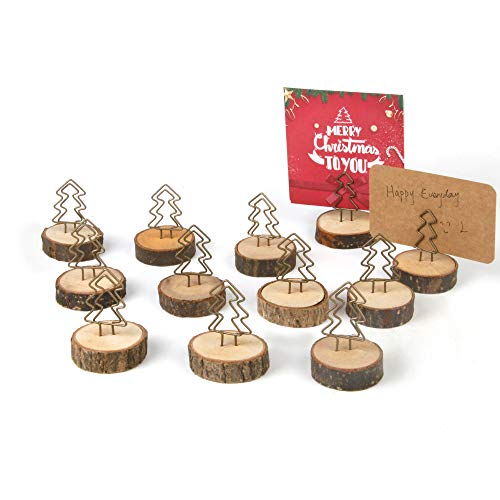 Amytalk 12Packs Wood Place Card Holders with Evergreen Tree Wire and 20Pcs Kraft Place Cards, Wooden Table Memo Photo Picture Number Sign Stands Holder for Party Wedding Anniversary Table Decoration