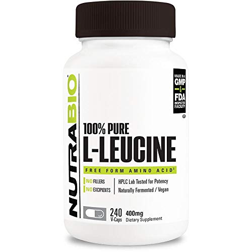 NutraBio L-leucina 100% pura - Recuperación muscular y soporte - Aminoácido de forma natural fermentada libre - Vegano, sin OMG, sin gluten - 400 mg, 240 cápsulas