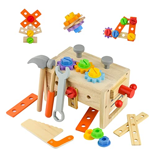 Coriver Jouet Montessori, 24 Pièces Boîte à Outils en Bois, Jeux Educatif Jouet en Bois, Jeux de Construction Bois Etabli Enfant pour Garçons et Filles 3 4 5 6 Ans