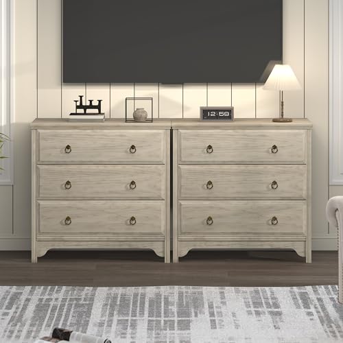 Image of Chogori Farmhouse Solid Wood Nightstand, Rustic End Table with 3 Drawers & Vintage Ring Pulls, Sturdy Accent Side Table for Bedroom, Living Room, Hallway, Gray