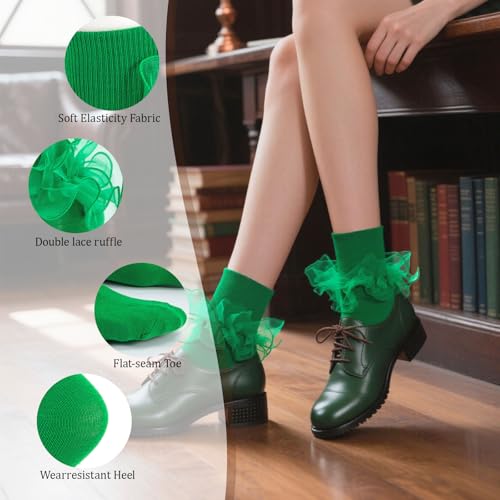 Image of Women Big Ruffle Ankle Socks Adult Double Lace Frilly Socks Fold Cuff Cotton Ruffled Dress Crew Bobby Bride Sock