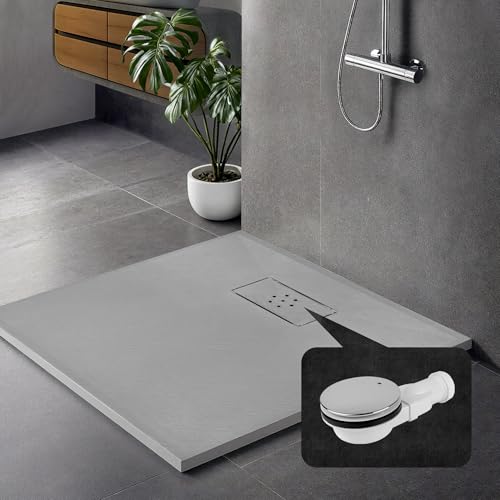 JWS Design Duschwanne Steinoptik SMC Antirutsch flache Duschtasse mit Ablaufgarnitur aus Edelstahl – ultraflach 26 mm – für bodenebene oder Aufputz Montage, Anthrazit, 80 x 90 cm