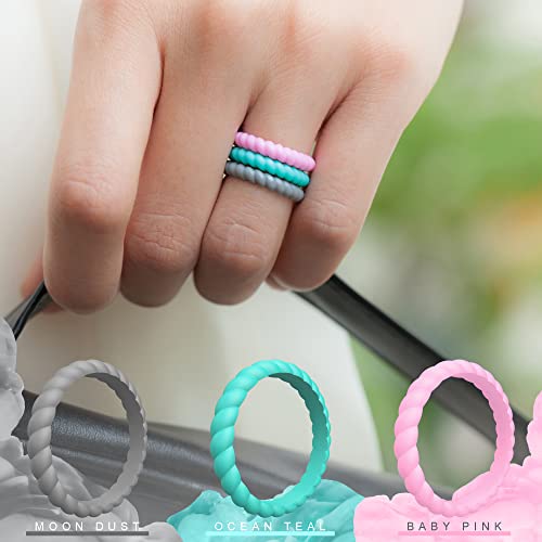 Thunderfit Silicone Wedding Bands For Women, Thin Braided Stackable - 3.1Mm Width, 2Mm Thick(Black, Rose Gold B, Pearl A, Light Pink D, Purple D, Grey A, White, Sky Blue B - Size - 5.5-6 (16.5Mm)) #TOP3
