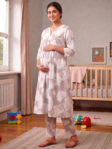 Image of RITIJYA Pure Cotton Feeding Kurta Pant Set for Women | Floral Anarkali Pregnancy Dress with Concealed Nursing Zipper Side Pocket | Pre & Post Partum | Maternity Dresses | Baby Shower Outfit
