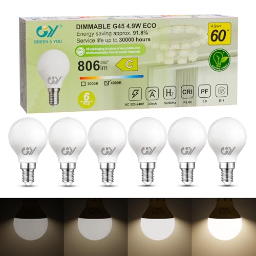 GY Lampadine LED E14 Dimmerabili, 4.9W (equivalenti a 60W), Lampadine LED G45 Attacco Piccolo, 4000K Luce Bianca Naturale, 807 Lumen, Luminosità Regolabile, Certificazione CE, Confezione da 6 Pezzi