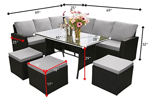 Image of DEVOKO 6-Piece Outdoor Patio Furniture Set HDPE Wicker Conversation Set with Dining Table, Sofa for Porch, Lawn, Garden, Backyard (Black & Grey)