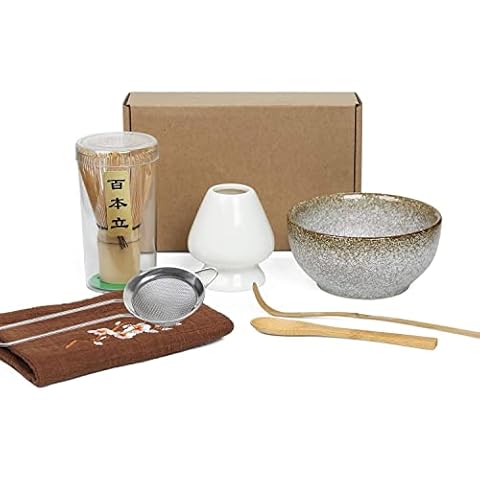 Keepaty Japanese Matcha Tea Set of 7 ,With100 Prong Matcha Whisk, Whisk Holder,Traditional Scoop, Tea Spoon,Tea Sifter,Tea Towel and Ceramic Matcha Bowls Cover