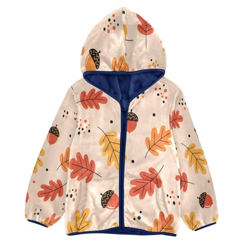 Autumn Leaves and Acorns Pattern Toddler Fleece Jacket Girl Boys Hooded Fleece Jacket Coat Warm Outwear Zip-up 3-10T