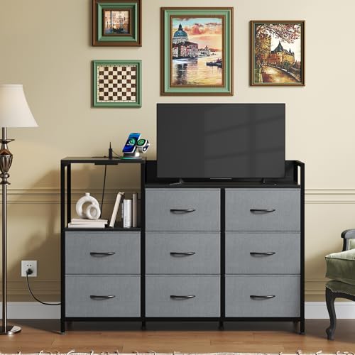 Image of NEWBULIG Media Console Dresser TV Stand for 45 inch with 8 Fabric Drawers & Open Shelves, Wooden Top Entertainment Center with LED Lights & Charging Station for Bedroom, Grey
