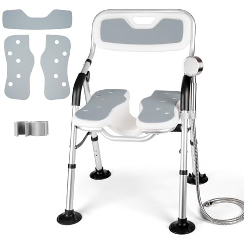 DEWEL Silla Ducha Personas Mayores, con Respaldo y Brazos, InstalacióN Sin Herramientas, con Ranuras, Altura Ajustable, Capacidad de Carga 150 Kg, Silla para Ducha para Personas Mayores (Gris, Large)
