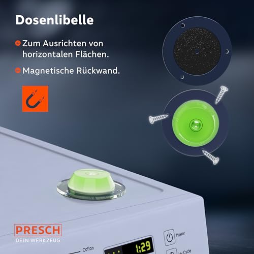 Presch Mini Wasserwaagen Set 4tlg. - Mini Wasserwaage, Kreuzwasserwaage, Dosenlibelle und Schnurwasserwaage - Allround-Set - Verstärkter Magnet für maximale Haftung - Bruchfeste Acrylglaslibellen