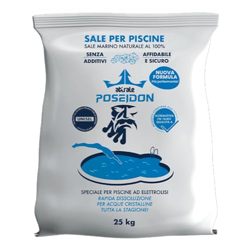 Atisale POSEIDON, Sale Granulare Puro al 99%, Sacco da 25 kg, Rapida Dissoluzione specifico per Sistemi di Elettrolisi per Disinfezione Acque di Piscine, Nuova Formula Super Performante