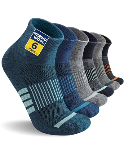 Niofind Merino Wandersocken Damen Herren, Atmungsaktiv Quarter Sneaker Socken Wollsocken, Gepolstert Laufsocken Kurze Sportsocken für Alltag Sport Outdoor 6 Paar