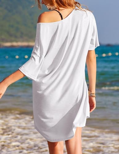 Image of Ekouaer Womens Tshirt Nightgown Cotton V Neck Sleepshirts Comfy Casual Nightshirt for Women, White, Large